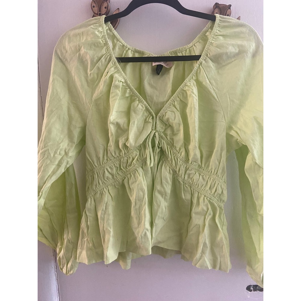 Lime green linen blouse gathered waist and collar